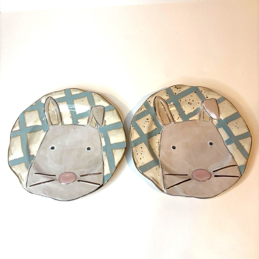 2 MUD PIE easter bunny rabbit stoneware 8" appetizer snack dessert plates lot